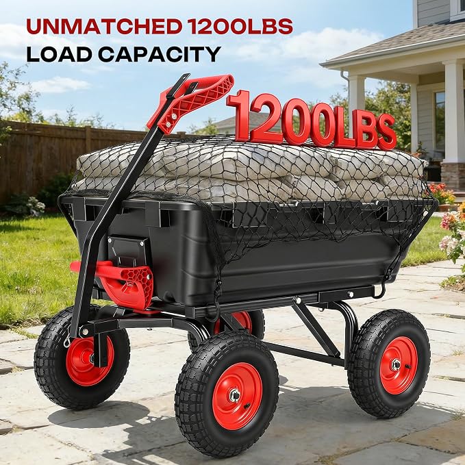 1200lbs Garden Dump Cart,7 Cu.Ft Utility Wagon Cart with Hitch,Heavy Duty Yard Dump Wagon Wheelbarrows with 13" All Terrain Wheels & 2-in-1 Handle,Tow Behind for Lawn Mower Tractor ATV