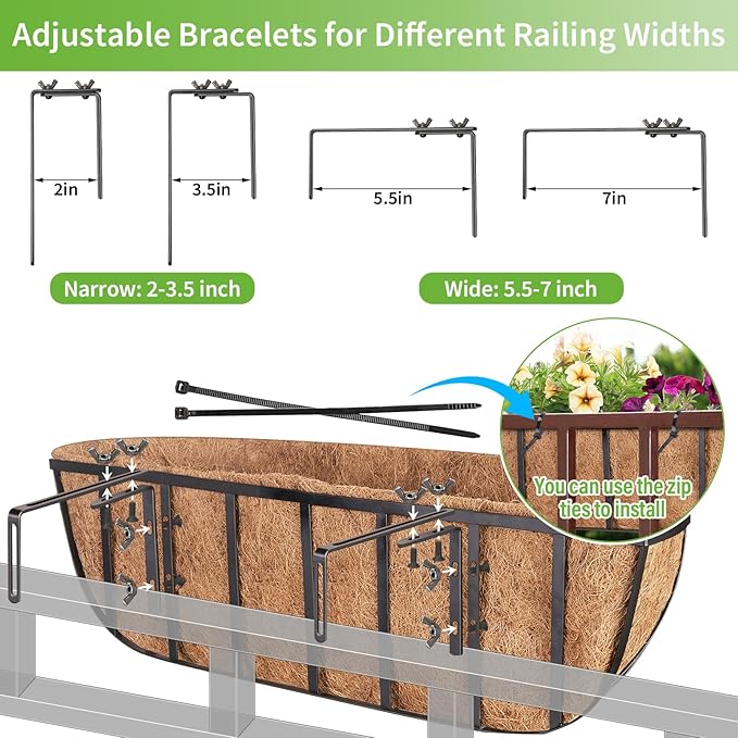 Legigo 4 Pack 24 Inch Window Boxes Railing Planter Box with Coconut Liner, Balcony Railing Planter Horse Trough Deck Window Planters, Metal Railing Hanging Flower Baskets for Outdoor Porch Fence Patio