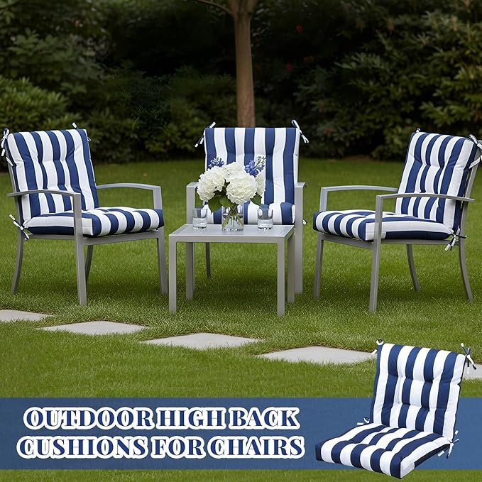 Marsui 4 Pcs Outdoor Indoor High Back Chair Cushions Patio Furniture Tufted Pillow with Ties Water-Resistant Replacement Outdoor Rocking Chair Cushions, 42 x 21 Inches (Blue White Stripes,Stripes)