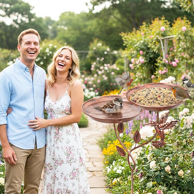 36.6 Inch Rose Gold Metal Bird Bath for Outside - Standing Bird Feeder with Dual Flower Bowls Detachable Birdbath with Hummingbird Decor Metal Stake Base for Garden Yard Outdoor