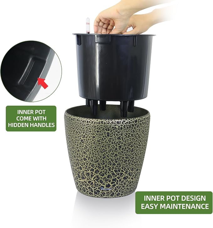 Dexceder 11x10 Self Watering Planter (Black Gold Crackle) | Inner Pot Design, Thickened Table Flower Plant Pot with Water Level Indicator Indoor Outdoor