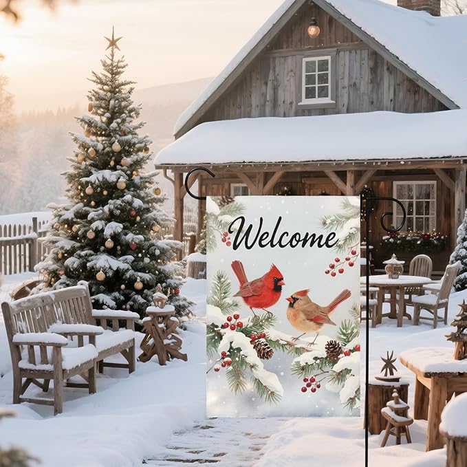 Winter Cardinal Garden Flag 12x18 Inch Snow Scene Bird Welcome Christmas Holiday Seasonal Decorative Yard Flags for Outside Double Sided Outdoor Home Farmhouse Decoration Porch New Year Decor