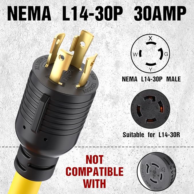 Tellegloww Generator to Welder Adapter Compatible with NEMA L14-30P to 6-30R 30 Amp, ETL Listed, 4 Prong Locking Generator Male to 3 Prong Dryer Female for EV, 10 AWG STW, 1FT