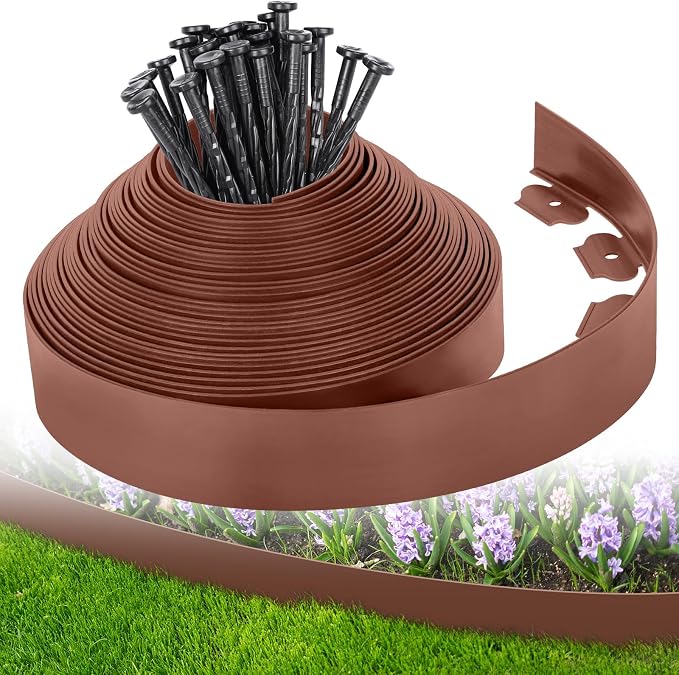 3-Inch x 50 FT Landscape Edging Border with 75 Stakes, Garden Edging Border Kit, Flexible Plastic Edging Border for Garden Flower Beds Lawn Yard Paver Pathway (Brown)
