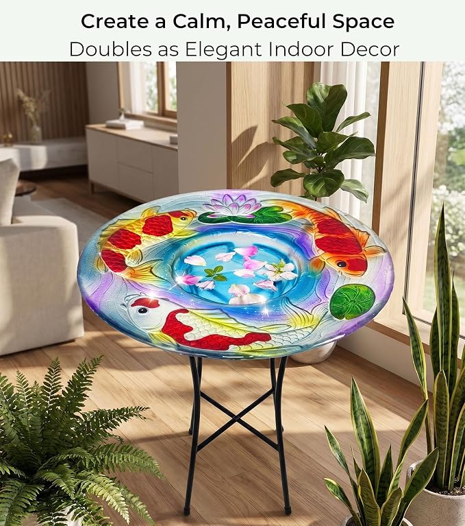 Bird Bath with Stand for Outside, Fits Solar Fountain Pump, Glass Birdbath Bowl for Garden Yard, Koi Design, Decorative Indoor Outdoor, Easy Clean, 21" H