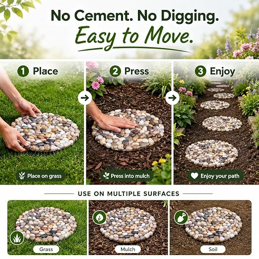 Stepping Stones Outdoor, 12 Inch Natural River Rock Garden Pavers, Set of 6 Round Pebble Stones for Walkway, Yard, Lawn, Patio, Pathway & Landscaping Decor (Roundness)