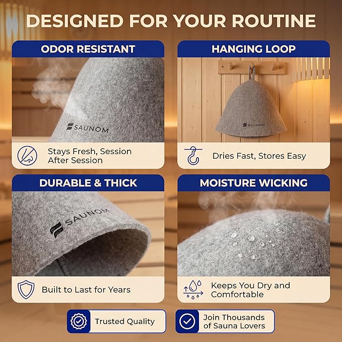 Premium Ultra Soft Grey Sauna Hat for Women and Men — 100% Natural Wool — Ultra Soft, Breathable, Itch-Free and Odor Resistant Sauna Cap