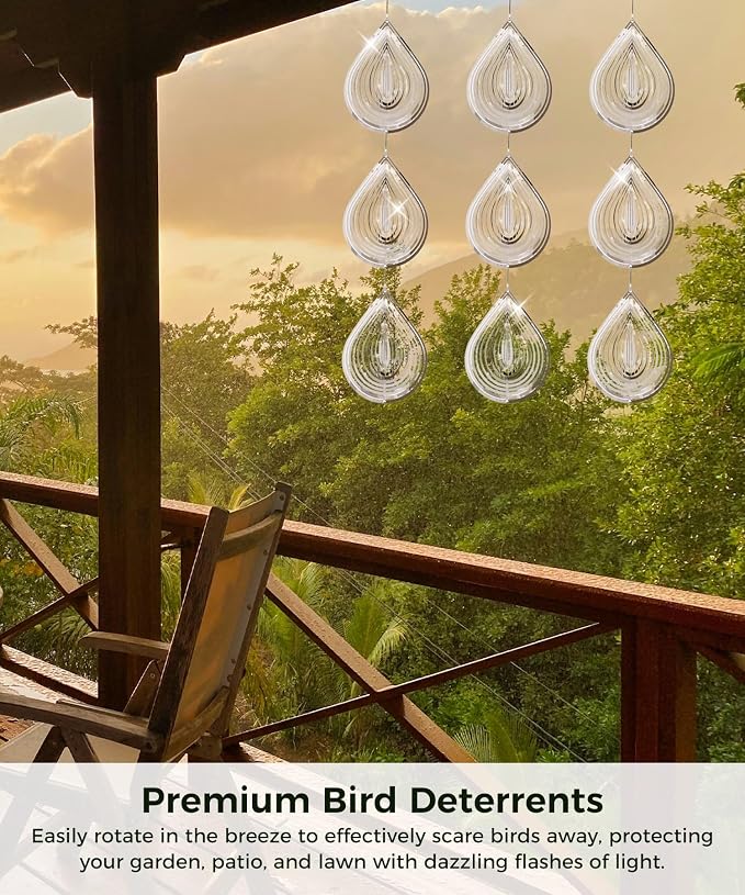 Highly Reflective 3D Bird Scare Discs -Water Droplets Wind Spinners Outdoor Deterrents to Keep Birds Away, Sparkly Bird Reflectors for Garden, Patio & House Protection Against Woodpeckers, Pigeons
