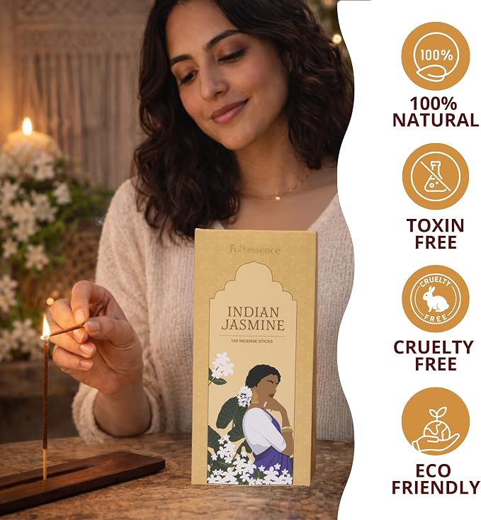 Folkulture Incense Sticks (120 Sticks) | Jasmine Incense for Aromatherapy & Yoga | Long Burning, Charcoal-Free, Non-Toxic Incense for Relaxation & Summer Vibes | Home Decor Gifts