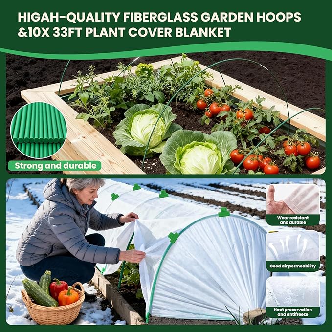 10x33FT Plant Covers Freeze Protection Kit, Garden Hoops Winter Kit, Frost Blankets for Outdoor Plants, Raised Bed Snow Protection, Reusable Winter Row Cover for Greenhouses