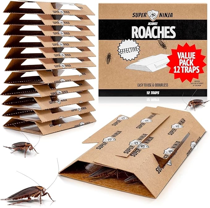 Super Ninja Roach Traps Indoor – 12 Pack, Roach Killer Indoor Infestation Control, Safe & Toxin-Free Cockroach Trap with Food Attractant, Nature-Friendly Pest Solution for Home, Garage & Shed