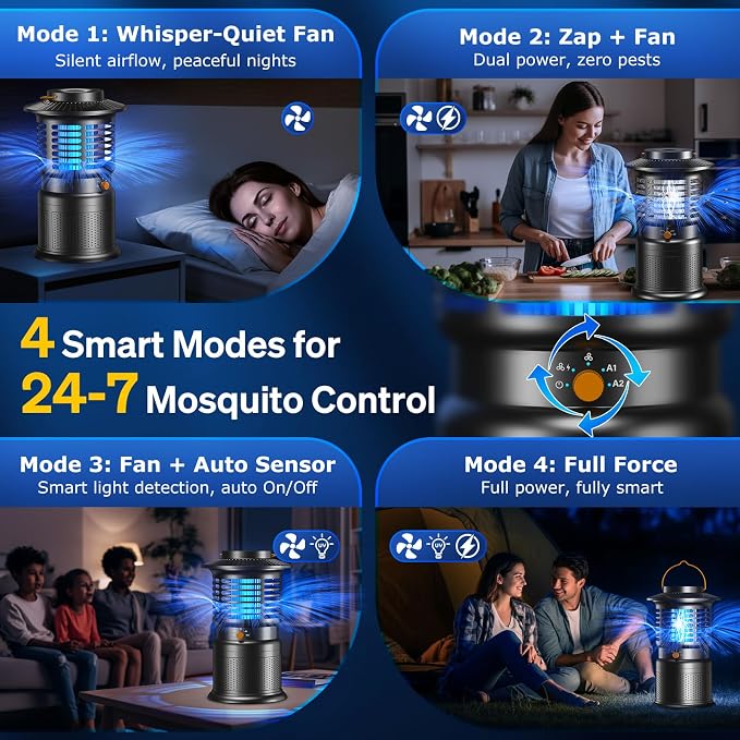 Cordless Bug Zapper Outdoor, Rechargeable Mosquito Zapper with 10,000mAh Battery & Dual Zap + Suction Trap | Quiet, Waterproof Electric Fly Zapper for Patio, Bedroom, Kitchen