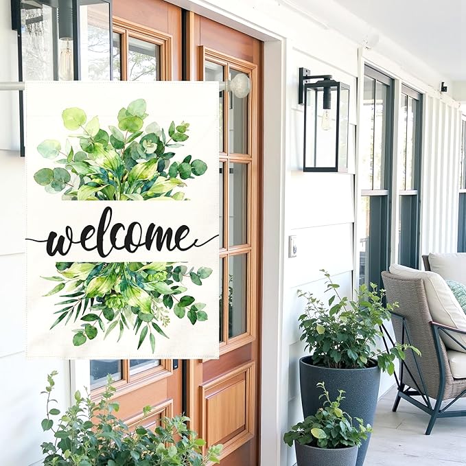 Welcome Garden Flag Spring Large Summer Greenery Watercolor Eucalyptus Leaves House Banner Seasonal Rustic Farmhouse Hosta Fragrant Plantain Yard Flags for Porch Patio Home Decor 28 x 40 Inch