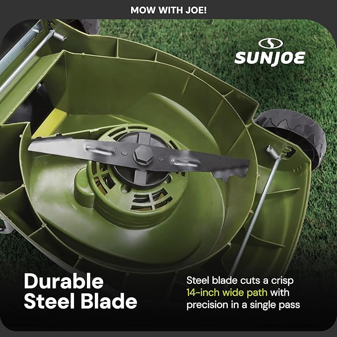 Sun Joe Cordless Electric Push Lawn Mower with 10.6-Gal Bag, 14-Inch Cutting Width, Green - Heavy-Duty Yard Trimmer Machine for Gardening Care and Maintenance, MJ401C-PRO