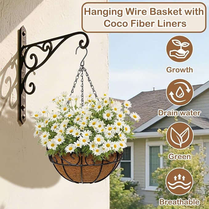 6 Pack 10 inch Metal Hanging Baskets for Plants, Round Metal Wire Hanging Basket Planter with Coco Fiber Liners Chain for Garden Home Porch Patio, Flower Border