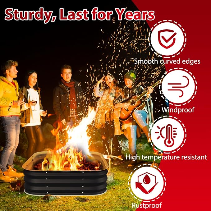 Fire Pit 36 Inch, Height 11.5 Inch, Square Galvanized Steel Fire Pit for Outside, Heavy Duty Steel Fire Pits In-Ground for Backyard,Camping, Bonfire,Raised Garden Bed for Garden (3X3X1 FT)