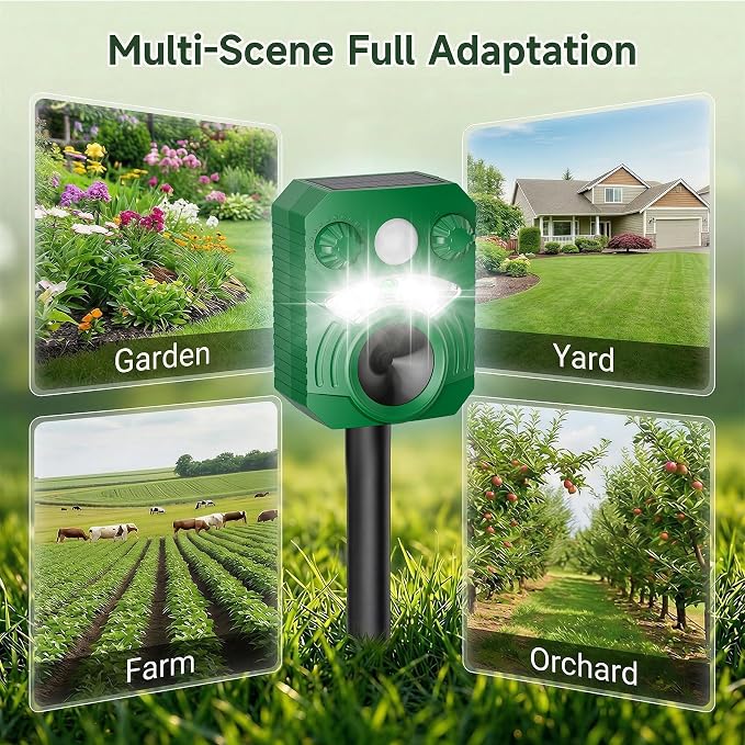 Cat Repellent Outdoor Deer Repellent Device Dog Repeller Solar Animal Repellent Ultrasonic Squirrel Repeller Waterproof with Flashing Light Motion Activated Sensor 2 Pack
