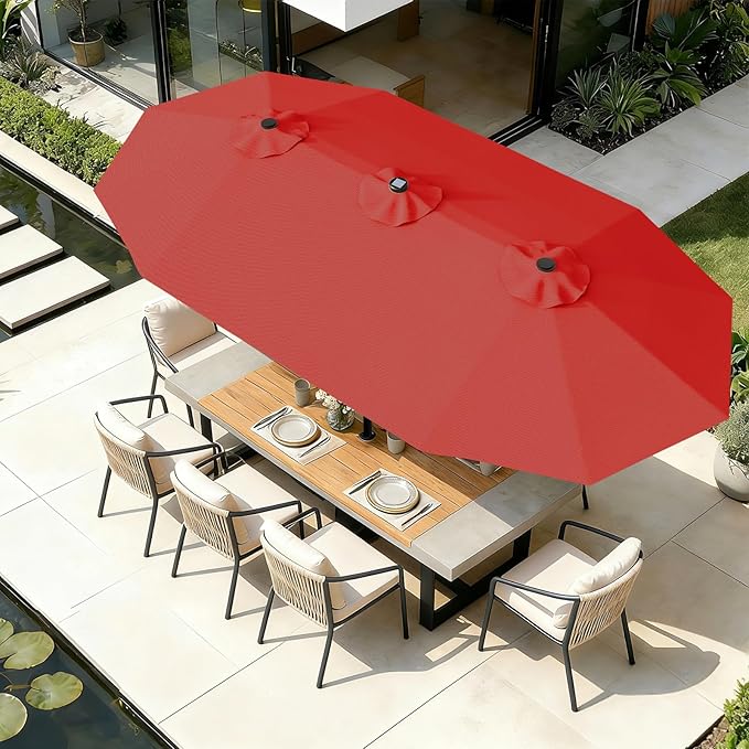 AreShark 15FT Patio Umbrella with Solar Lights, Double Sided Outdoor Table Umbrellas with Crank, Large Rectangular Market Umbrella for Porch, Lawn, Pool, Backyard, Red