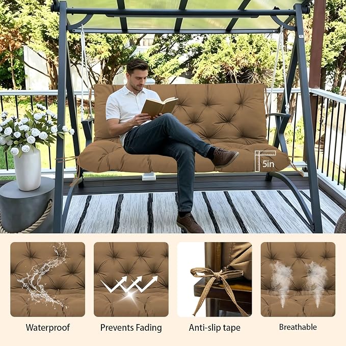 5" Thick Waterproof Porch Swing Cushion 70 x 40 in 3 Seater Replacement Outdoor Swing Cushions with Back Support Patio Swing Cushion for Outdoor Bench Furniture