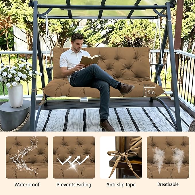 Porch Swing Cushions 60x40 Inch, 5" Extra Thick Waterproof Outdoor Swing Seat Cushion with Backrest & 8 Non-Slip Ties PP Cotton + Memory Foam Fill, Fade-Resistant 3-Seater Replacement for Patio Bench