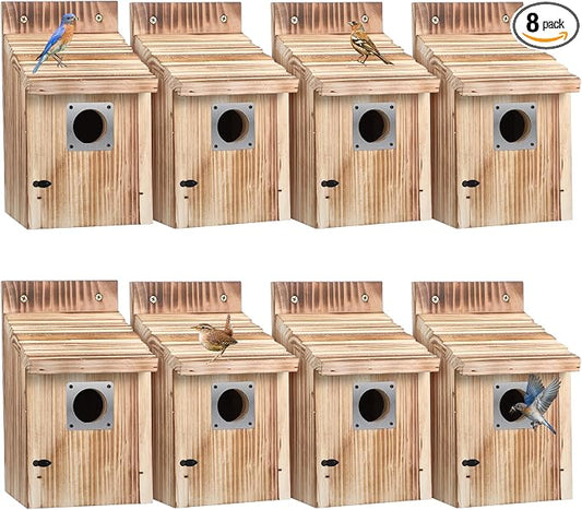 Dreyoo 8 Pack Bluebird Houses for Outside with Metal Predator Guard, 1-1/2" Entrance Hole Wooden Blue Bird Houses for Outdoors, Bluebird Nesting Box with Screwdriver (Burnt Wood Color)