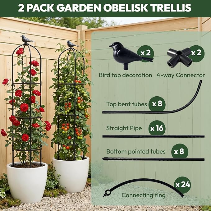 2 Pack Garden Obelisk Trellis for Climbing Plants, 6FT Plant Cages and Supports, Tomato Cage Tall Plant Stakes Indoor & Outdoor, Trellis for Potted Plants, Vegetables, Fruits, Flowers, Pots, Vines