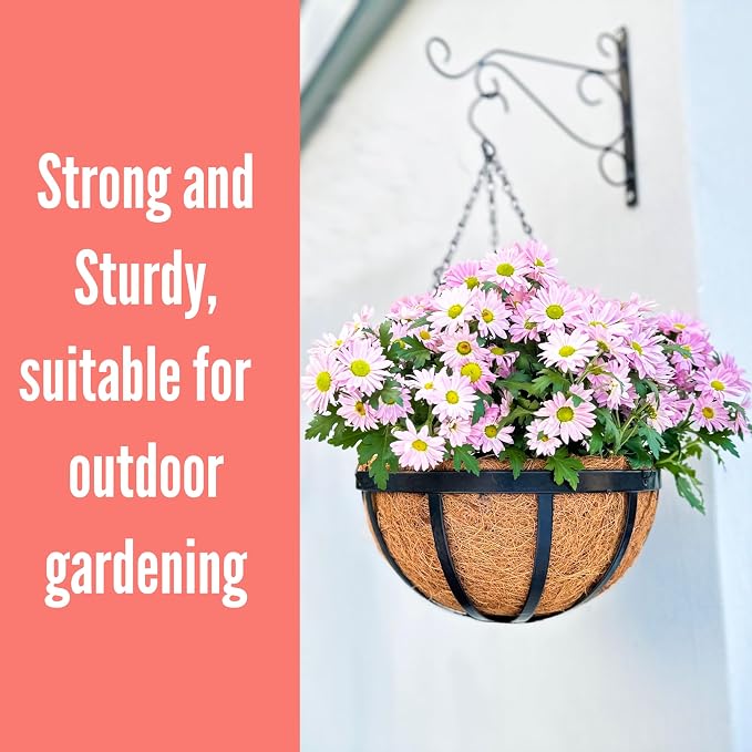 LaLaGreen Outdoor Hanging Baskets for Plants (10 Inch, 6 Pack) Small and Cute Wire Hanging Planters with Coco Liner, Black Metal Flat Iron Flower Pots for Deck Porch Patio Garden Balcony Outside Decor