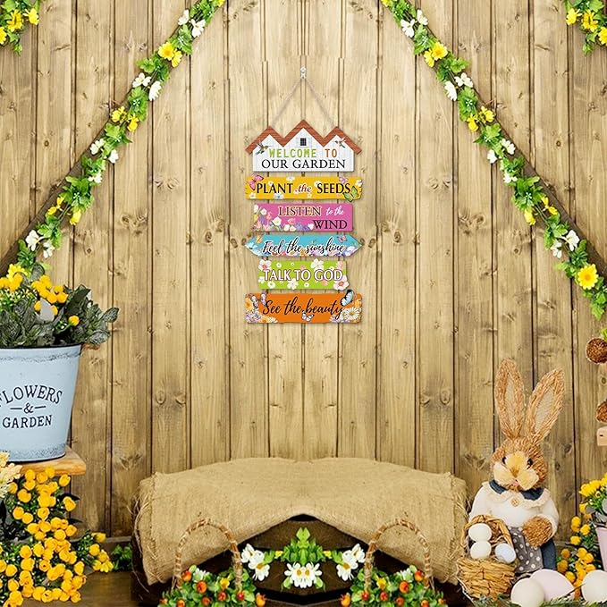 HOURIA Welcome to Our Garden Wooden Sign(11.4”x17.6”),Inspirational Gardening Signs for Outside,Colorful Garden Yard Greenhouse Decor,Gardening Gifts for Women, Men, Gardeners,Plant Lovers