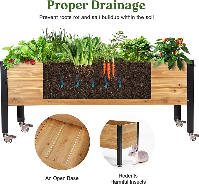 OIPRTGFJ Wood Rectangular Garden Planter Box with Wheel Raised Garden Bed Outdoor,Planters for Outdoor Plants 37 * 13 * 15 Elevated Planter Box for Herbs Vegetables Flowers Outdoor Patio Deck Balcony