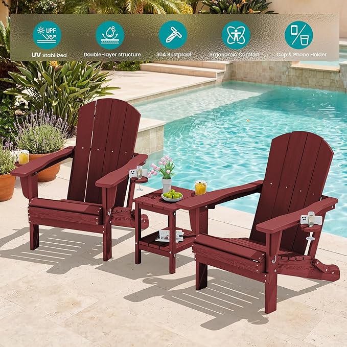 SERWALL Adirondack Chair with Cup Holders - Composite Adirondack Chairs Set of 6 HDPE Outdoor Chairs All Weather Use- Dark Red