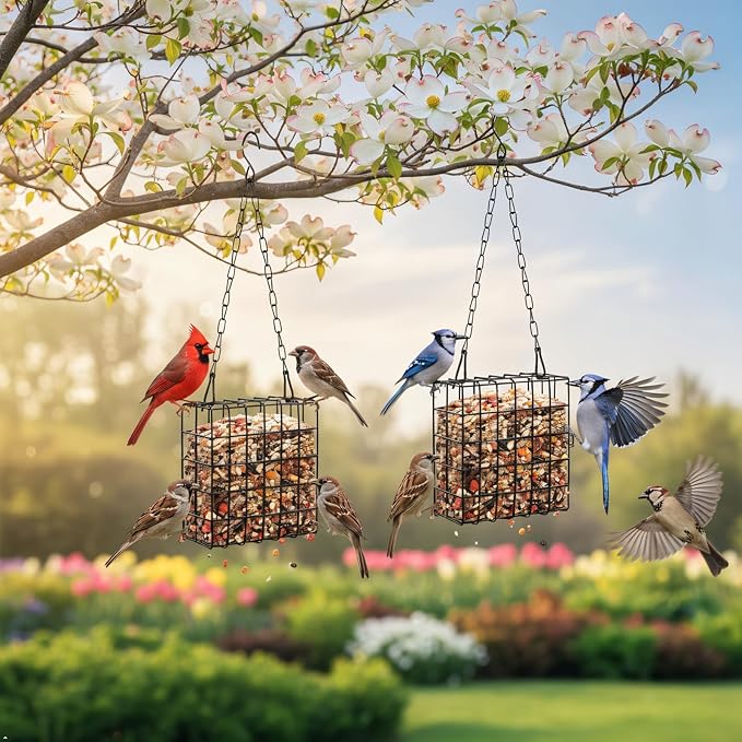 Metal Suet Bird Feeder 2-Pack - Wire Mesh Cage for Suet Blocks, Fruit & Seeds - Rust Resistant Outdoor Hanging Feeder for Woodpeckers, Chickadees & Wild Birds