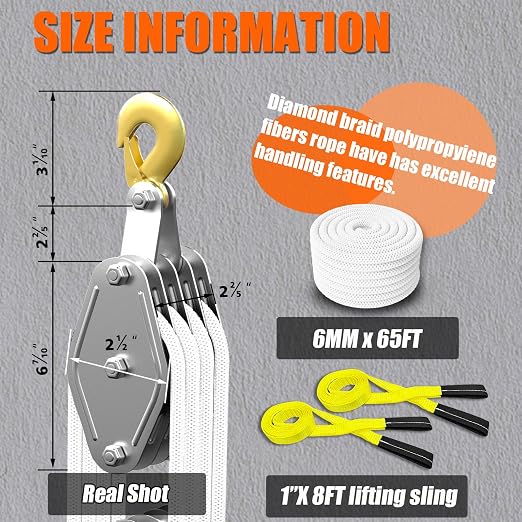 YATOINTO Rope Pulley Hoist 4400 LB, 8:1 Lifting Power Pulley Block and Tackle System, Pulley Block 2200LB Loading Capacity, 65ft Heavy Duty Rope Hoist for Lifting Pulling (with 2PCs Straps)