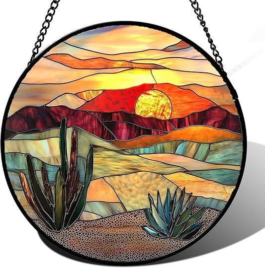 DASTOLL Stained Glass Window Hanging, Golden Landscape Dusk Sunset Suncatcher for Doors Window Home Cactus Sun Catchers Decoration Mother's Day Birthday Gifts for Women, Men, and Mom 6.3 in