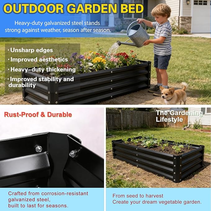 Raised Garden Bed 2 Pack 6x3x1FT, Premium Galvanized Raised Garden Bed, Large Raised Garden Beds Outdoor for Deep-Rooted Vegetables, Flowers, Green and Herbs, Black