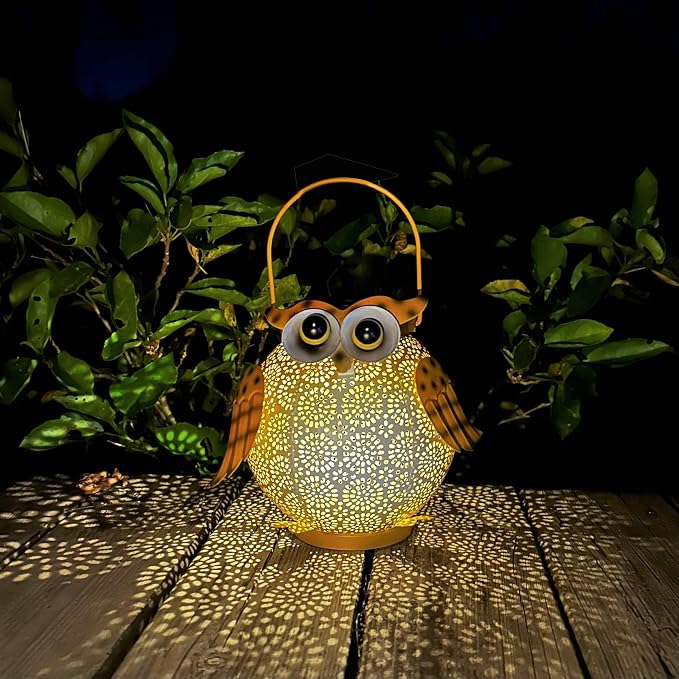 Solar Owl Lights Outdoor Waterproof - Hanging Solar Lanterns for Garden, Patio, Yard, Pathway - Vintage Metal Owl Solar Garden Lights, Outdoor Hanging Solar Lights for Outside Decor (1 Pack, Yellow)