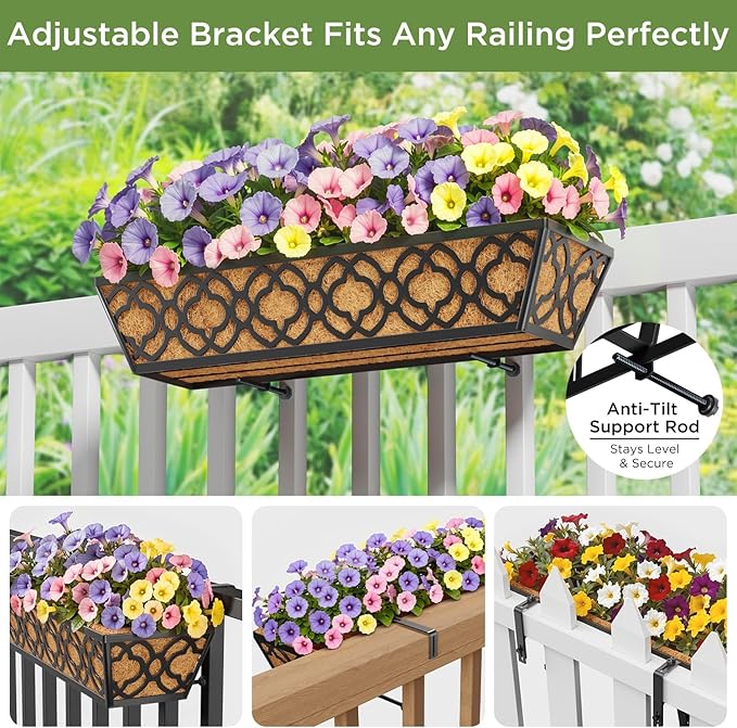 HFHOME 24 Inch Railing Planter Box with Coco Liners for Porch Fence Patio Balcony Hanging Flower Railing Baskets with Adjustable Brackets for Outdoor Garden - 6 Packs