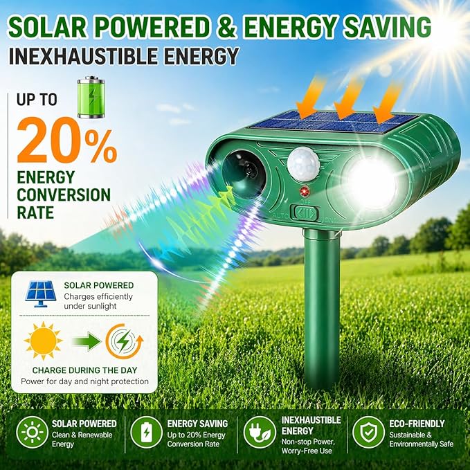 4 Pack Solar Ultrasonic Animal Repeller Outdoor, Cat Deterrent & Deer Repellent Device, Waterproof Squirrel Rabbit Control Deterrent with Motion Sensor & LED Waterproof Cat Deterrent for Garden Yard