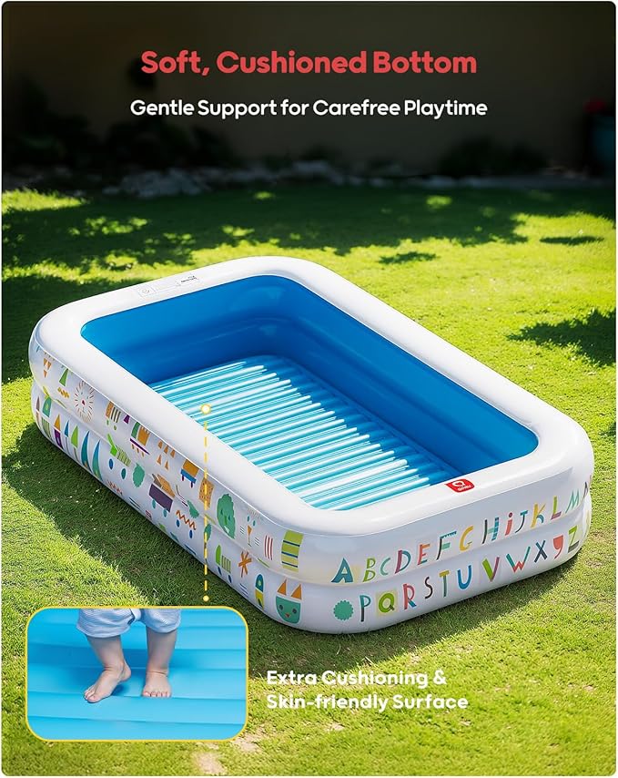 QPAU Kiddie Pool – 65" x 39" Inflatable Pool for Kids & Toddlers, Ball Pit & Baby Pool with Soft Floor, Educational Alphabet & Number, Durable Outdoor Play Toys for Backyard & Indoor Fun (Blue)