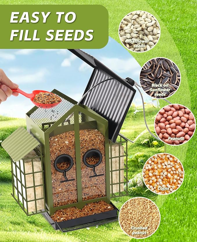 Weatherproof Bird Feeders for Outdoors - 4Lbs Large Metal Suet Feeder for Cardinal Finch, Garden Decor (Ordinary Green)