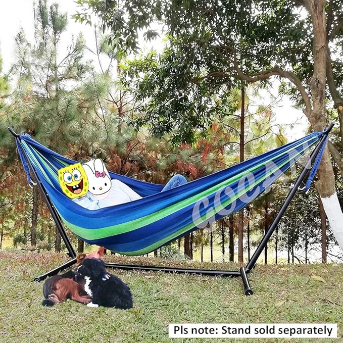 GOCAN Brazilian Double Hammock 2 Person Extra Large Canvas 250x160cm Total Length 350cm Load 500lb Cotton Hammock for Garden Outdoor and Indoor Blue/Green(98 * 65'')