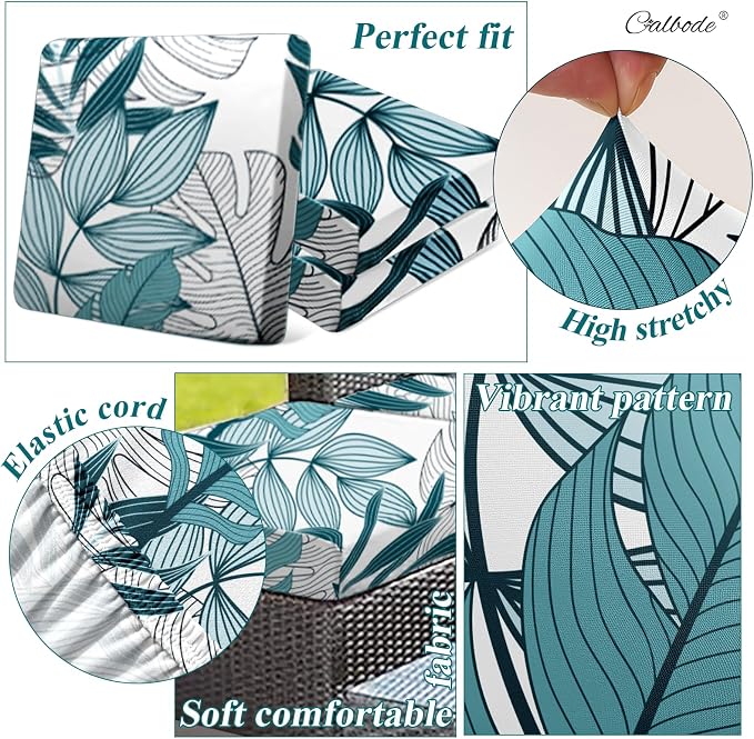 CALBODE 12Pcs Stretch Patio Cushion Cover Outdoor Cushion Cover Replacement Slipcovers Indoor and Outdoor Chair seat Covers Blue Botanical Print Patio Furniture Protector(Cover Only)