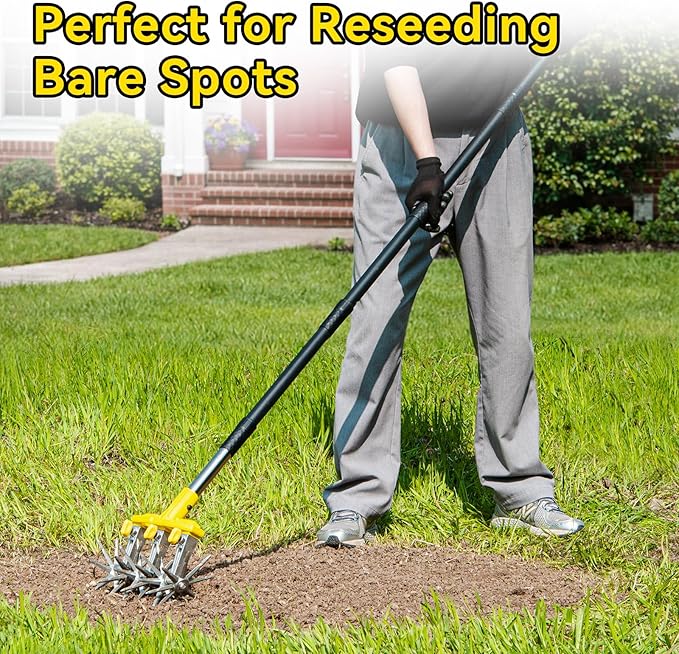 Rotary Cultivator Garden Tool with Extra-Large Tines, 74-Inch Long Handle Manual Tiller Cultivator, Heavy-Duty Rotary Hand Tiller for Soil Mixing, Reseeding Grass, Gardening, Lawn Care