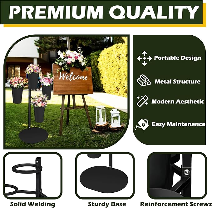 PROLEE Flower Display Stand with 4 Buckets, Flower Pot Stand, Flower Stand Metal, Florist Bouquet Shelf for Wedding, Party, Events, Oval Base, Black