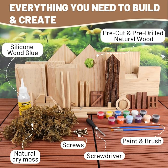 Bird Houses for Outside – Bird House Kits, DIY for Adults & Kids, 1.5" Entrance, Premium Pine, Moss Roof, Bark Siding, Side-Opening Door, Easy Clean,Family Craft for Garden,Backyard or Patio