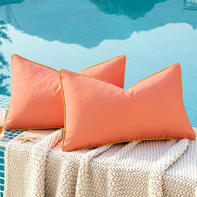 MIULEE Pack of 2 Outdoor Waterproof Throw Pillow Covers Decorative Outdoor Pillowcases Piping Edge Water Resistant Cushion Covers for Patio Garden Couch Chair Tent Balcony, 12x20 Inch Coral Red