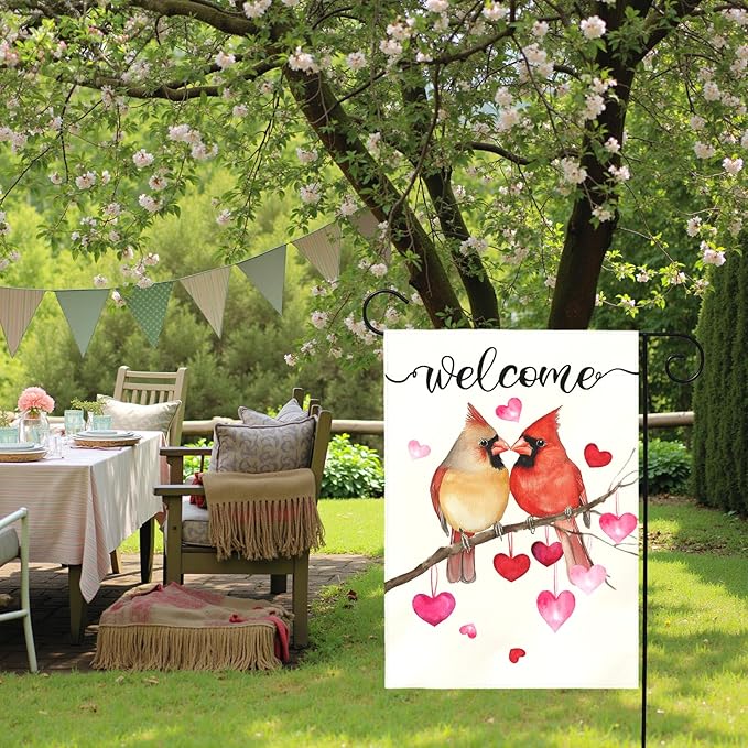 Welcome Valentine's Day Garden Flag Cardinal Love Heart Vertical Polyester Double Sided Yard Flags Holiday Anniversary Wedding Red Birds House Banner Farmhouse Valentines Day Decor 12x18 Inch