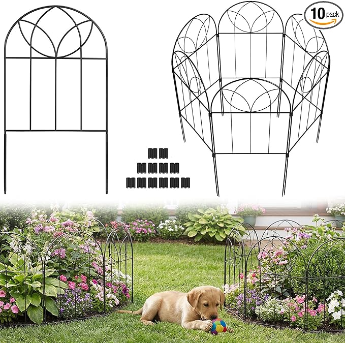 Small Garden Fence Animal Barrier, Decorative Garden Fence 24in(H) x 10ft(L), 10 PCS Rustproof Metal Fences Panel, Arch Black No Dig Fences, Rabbit and Dog Border Fencing for Flower Bed, Patio