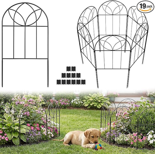 Small Garden Fence Animal Barrier, Decorative Garden Fence 24in(H) x 20ft(L), 19 PCS Rustproof Metal Fences Panel, Arch Black No Dig Fences, Rabbit and Dog Border Fencing for Flower Bed, Patio
