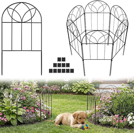 Small Garden Fence Animal Barrier, Decorative Garden Fence 24in(H) x 28ft(L), 26 PCS Rustproof Metal Fences Panel, Arch Black No Dig Fences, Rabbit and Dog Border Fencing for Flower Bed, Patio