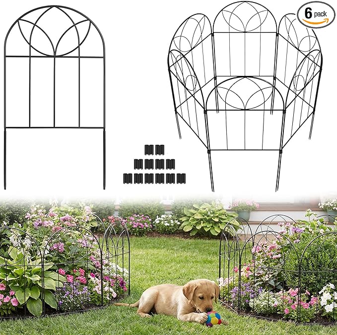 Small Garden Fence Animal Barrier, Decorative Garden Fence 24in(H) x 6ft(L), 6 PCS Rustproof Metal Fences Panel, Arch Black No Dig Fences, Rabbit and Dog Border Fencing for Flower Bed, Patio